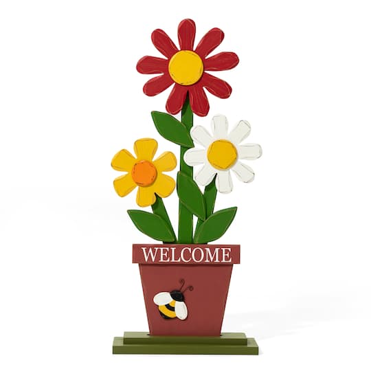 Glitzhome&#xAE; 30&#x22; Wooden Trio Flowers Welcome Porch D&#xE9;cor 